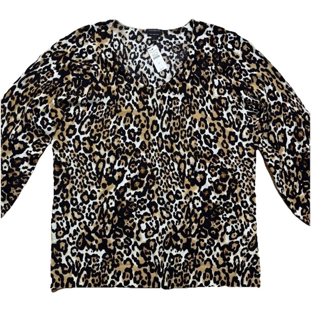 Talbots Sweater Sz Large Brown Animal Print 100% Merino Wool Classic NWT $99
